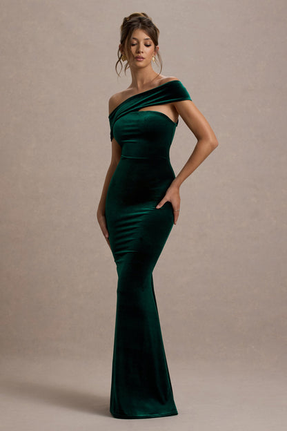 Candela |Vestido largo de Terciopelo verde botella con Escote Bardot Asimétrico
