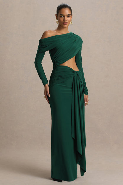 Mikayla | Vestido Largo Verde Oscuro De Escote Asimétrico Con Falda Cruzada Y Recorte