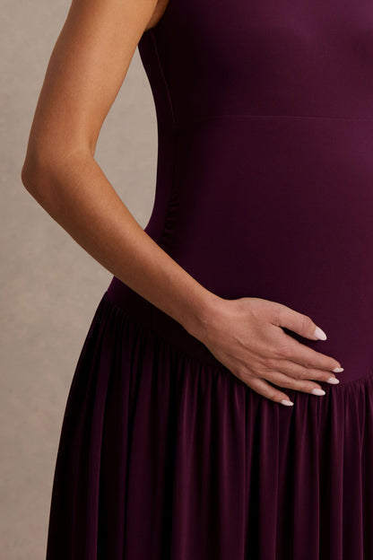 Outline | Vestido Largo Premamá Burdeos de Cuello Alto con Falda Drapeada