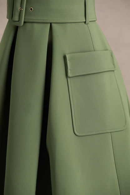 Elisia | Vestido Midi Verde Oliva con Escote Redondo y Cinturón