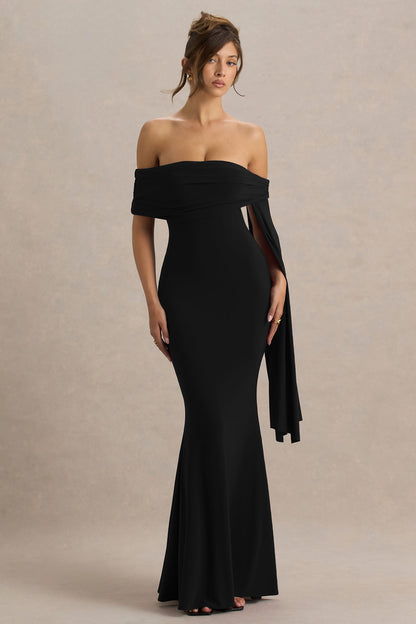 Saffina | Vestido Largo Negro con Escote Bardot y Detalle de Fajín