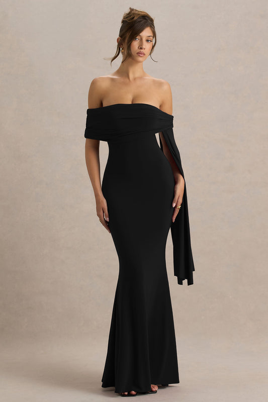 Saffina | Vestido Largo Negro con Escote Bardot y Detalle de Fajín
