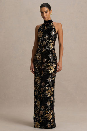 Tate | Vestido Largo de Terciopelo Negro con Escote Halter y Lentejuelas Florales en Bronce