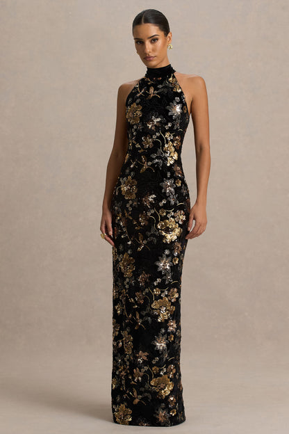 Tate | Vestido Largo de Terciopelo Negro con Escote Halter y Lentejuelas Florales en Bronce