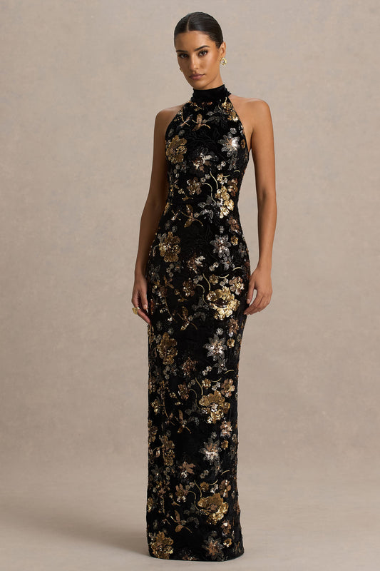 Tate | Vestido Largo de Terciopelo Negro con Escote Halter y Lentejuelas Florales en Bronce