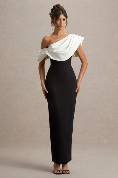 Angelina | Vestido largo negro y escote asimétrico con detalle drapeado en blanco