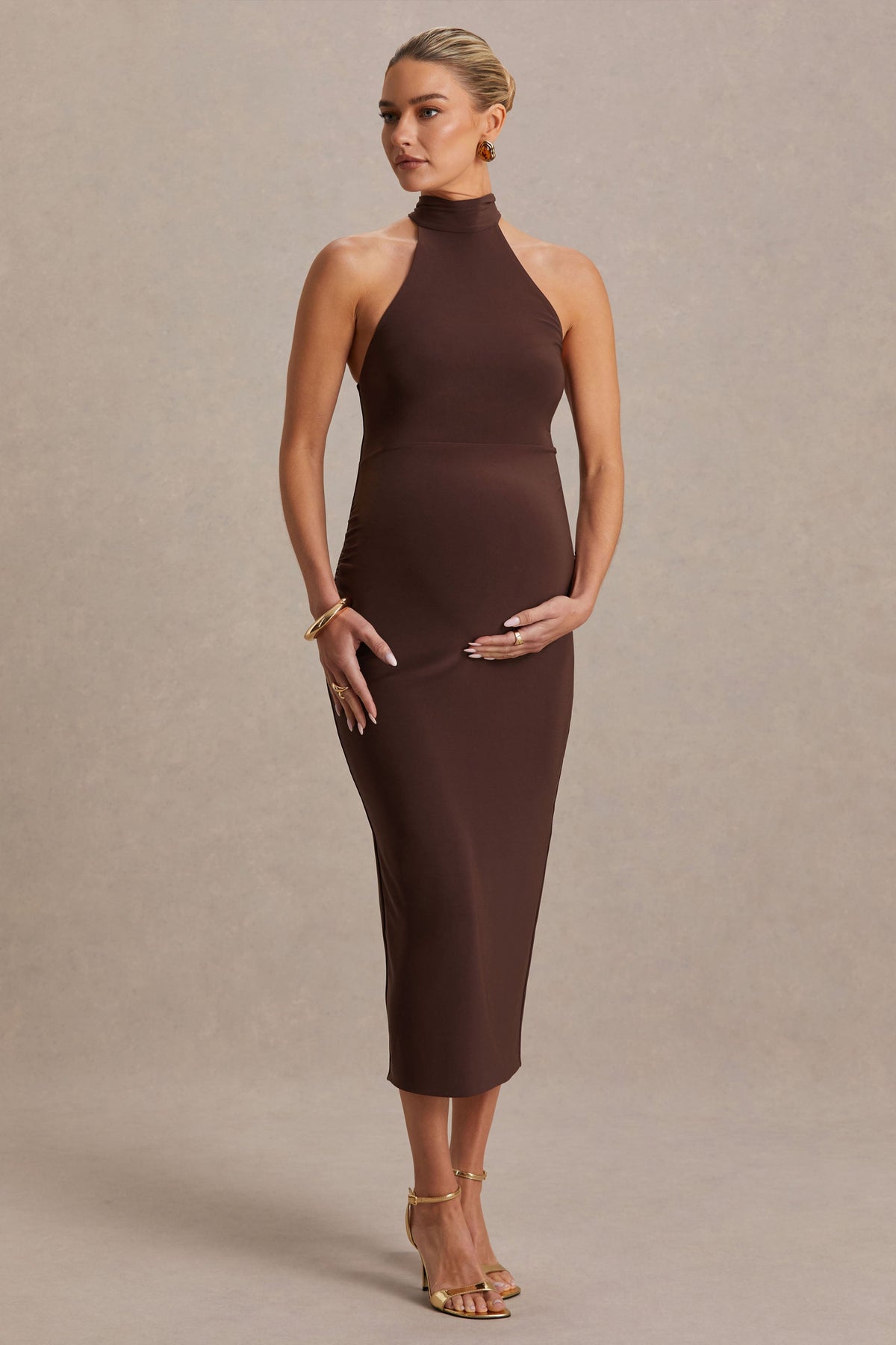Mireille | Vestido Midi Premamá Marrón con Escote Halter