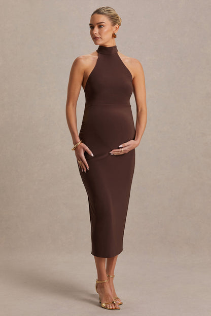 Mireille | Vestido Midi Premamá Marrón con Escote Halter