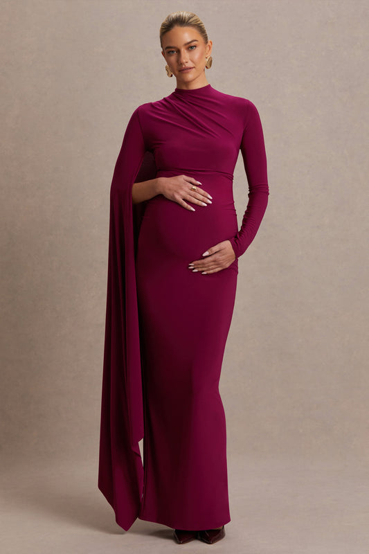Lavina | Vestido premamá largo color berry con cuello alto y manga tipo capa
