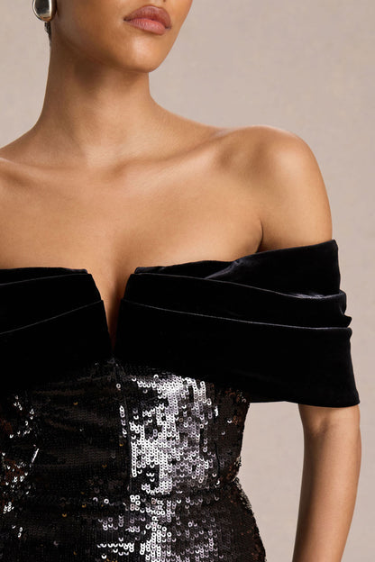 Bex | Vestido Largo de Lentejuelas Negro con Escote Bardot