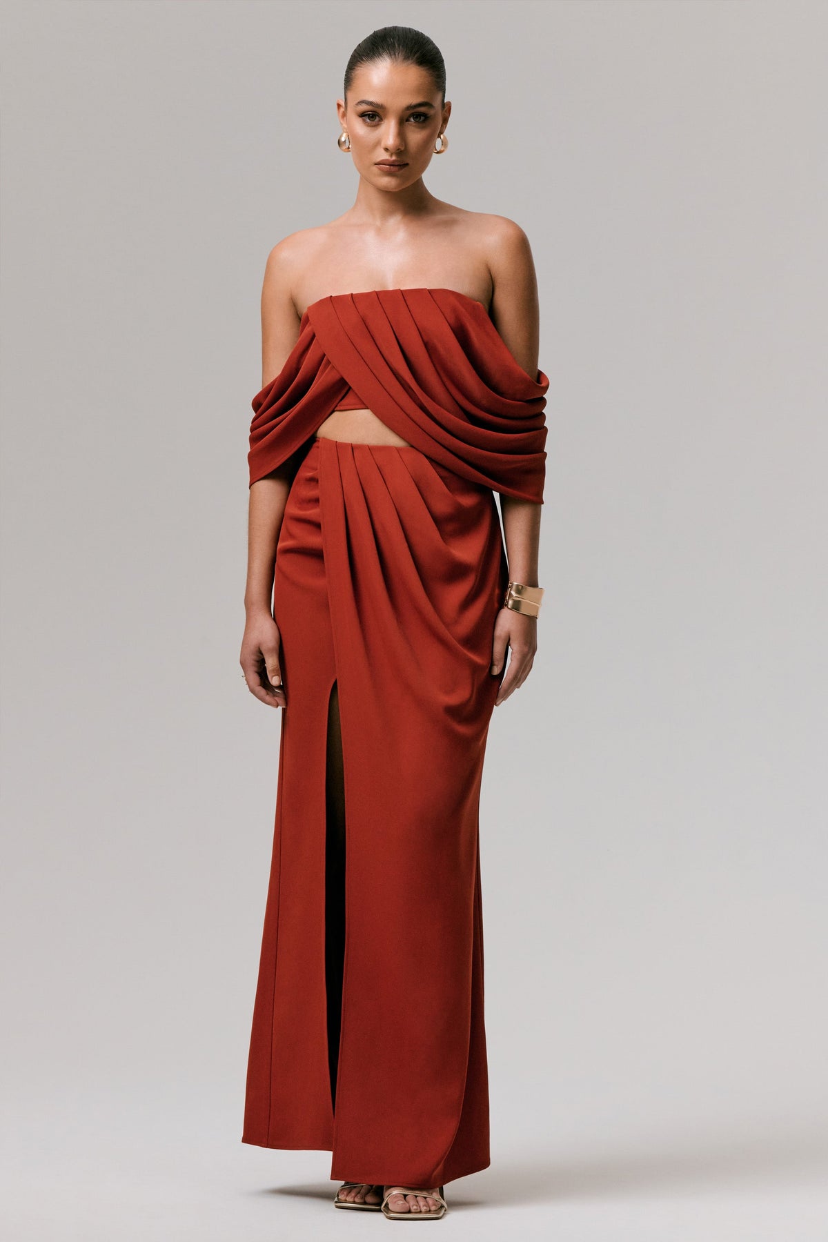 Talika | Top Corto Bardot Terracota con Mangas Drapeadas