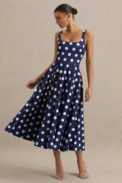 Berta | Vestido midi azul marino con lunares balanco y falda con volumen