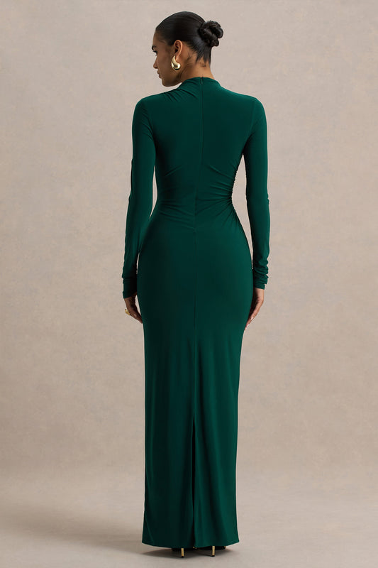 Eden | Vestido Largo Verde Botella con Escote Alto y Detalles Fruncidos
