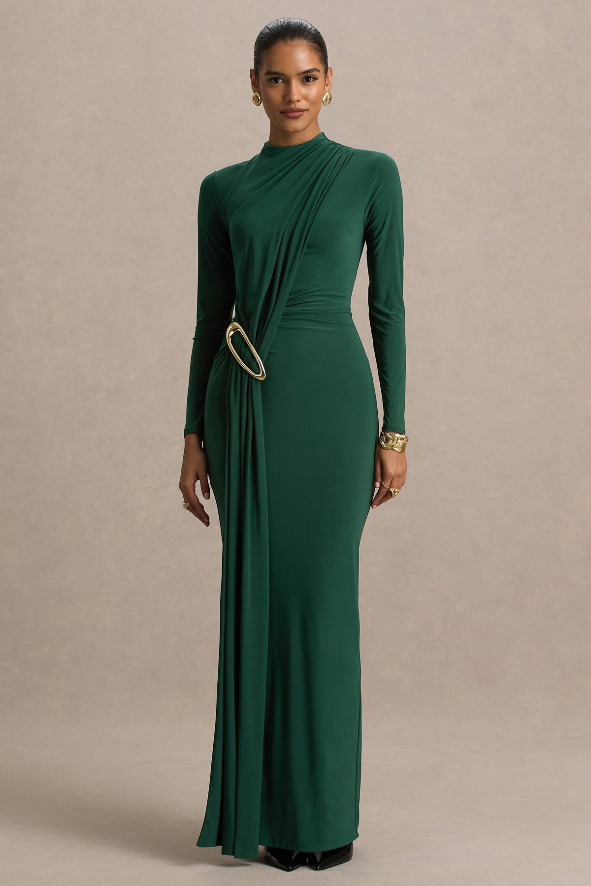 Zadie | Vestido Largo verde azulado de cuello alto con detalle fruncido