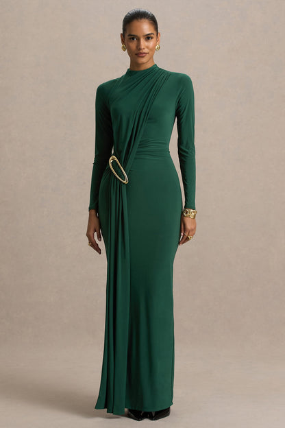 Zadie | Vestido Largo verde azulado de cuello alto con detalle fruncido