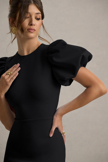 Dakota |  Vestido midi negro con mangas abullonadas