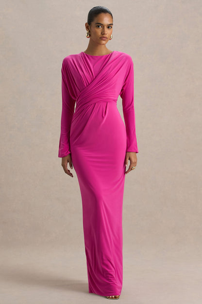 Regina | Vestido Largo Rosa Fucsia Regina con Escote Cortado y Drapeado