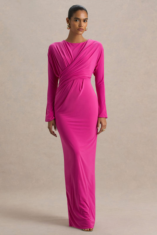 Regina | Vestido Largo Rosa Fucsia Regina con Escote Cortado y Drapeado