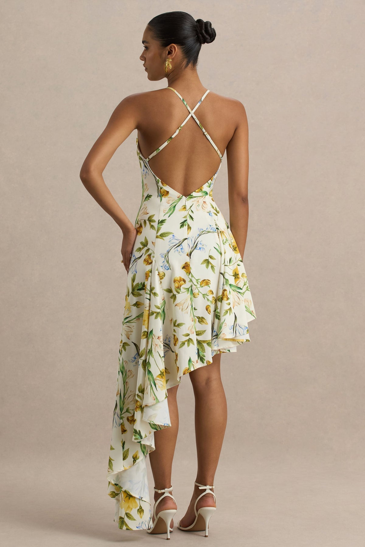 Glint | Vestido largo de Satén con Estampado floral Blanco y Dobladillo Asimétrico