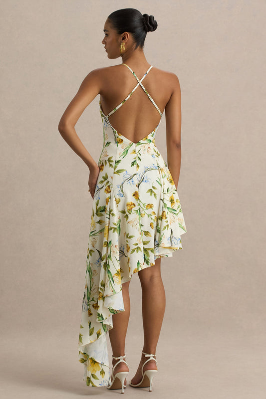 Glint | Vestido largo de Satén con Estampado floral Blanco y Dobladillo Asimétrico