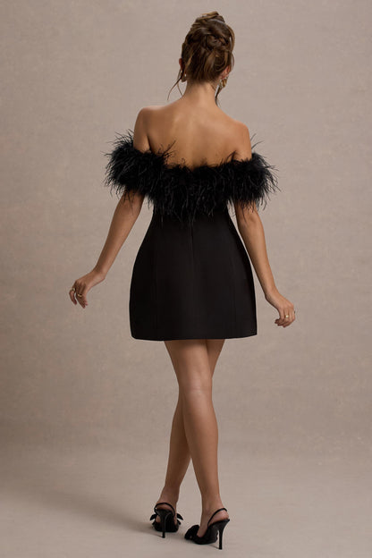 Palace | Vestido negro corto con escote bardot y ribete de plumas