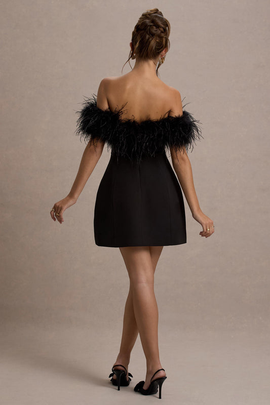 Palace | Vestido negro corto con escote bardot y ribete de plumas