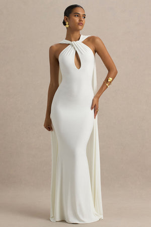 Rhoda | Vestido Largo Blanco con Cuello Halter Torcido y Capa