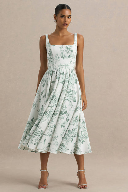 Lissa | Vestido Midi con Escote Cuadrado y Estampado Verde floral