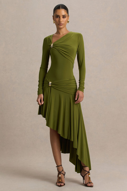 Alexia | Vestido Largo Verde De Escote Asimétrico Con Apliques y Detalle Fruncido
