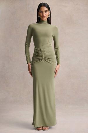 Persis | Vestido Largo Verde Oliva de Cuello Alto con Detalles Fruncidos