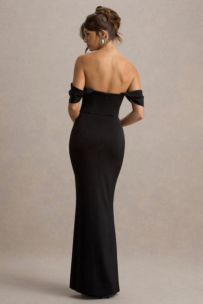Annie | Vestido largo negro satinado con escote bardot y detalles fruncidos