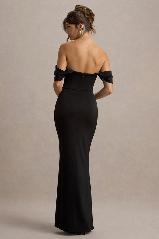Annie | Vestido largo negro satinado con escote bardot y detalles fruncidos
