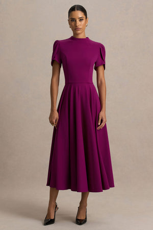 Vicky | Vestido Midi Color Morera Con Escote Alto Y Mangas Abullonadas