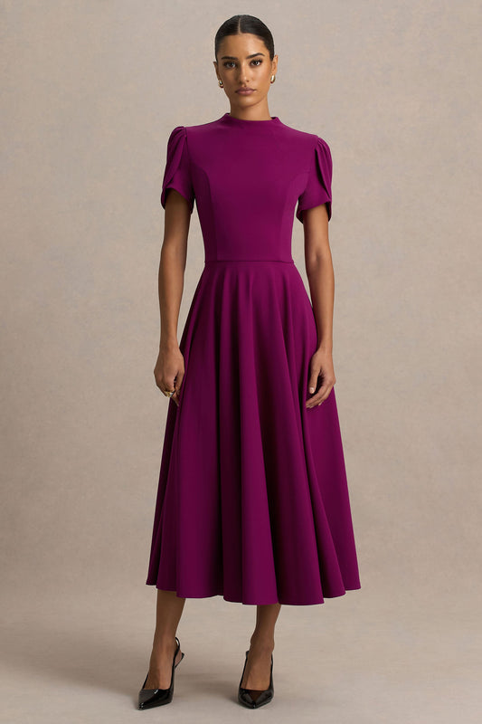 Vicky | Vestido Midi Color Morera Con Escote Alto Y Mangas Abullonadas
