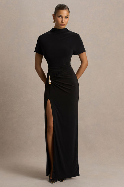 Arlena | Vestido Largo Negro con Escote Alto y Detalle Envolvente