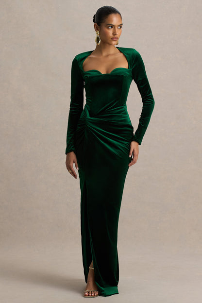 Fay | Vestido largo de Terciopelo Verde Botella con Nudo y Estilo Corsé