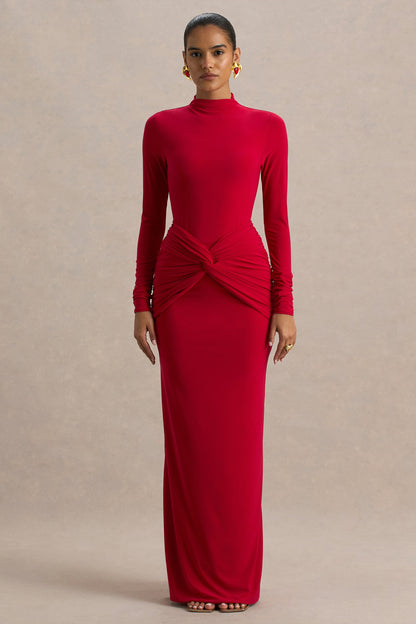 Alula | Vestido Rojo Largo con Cuello Alto y Detalle de Giro en el centro