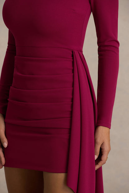 Zaya | Vestido Corto Burdeos de Manga Larga con Detalle Drapeado