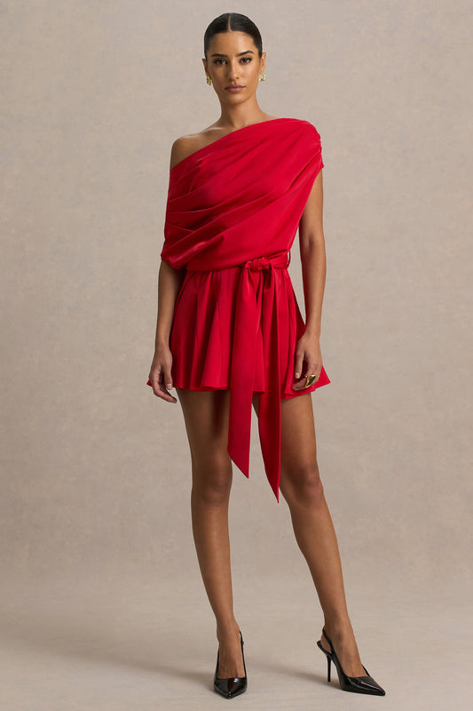 Clydie | Vestido corto con Escote asimétrico y drapeado en rojo