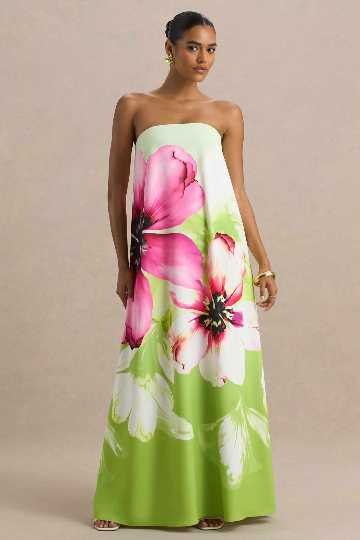 Ellery | Vestido largo estilo bandeau con estampado floral en color lima.