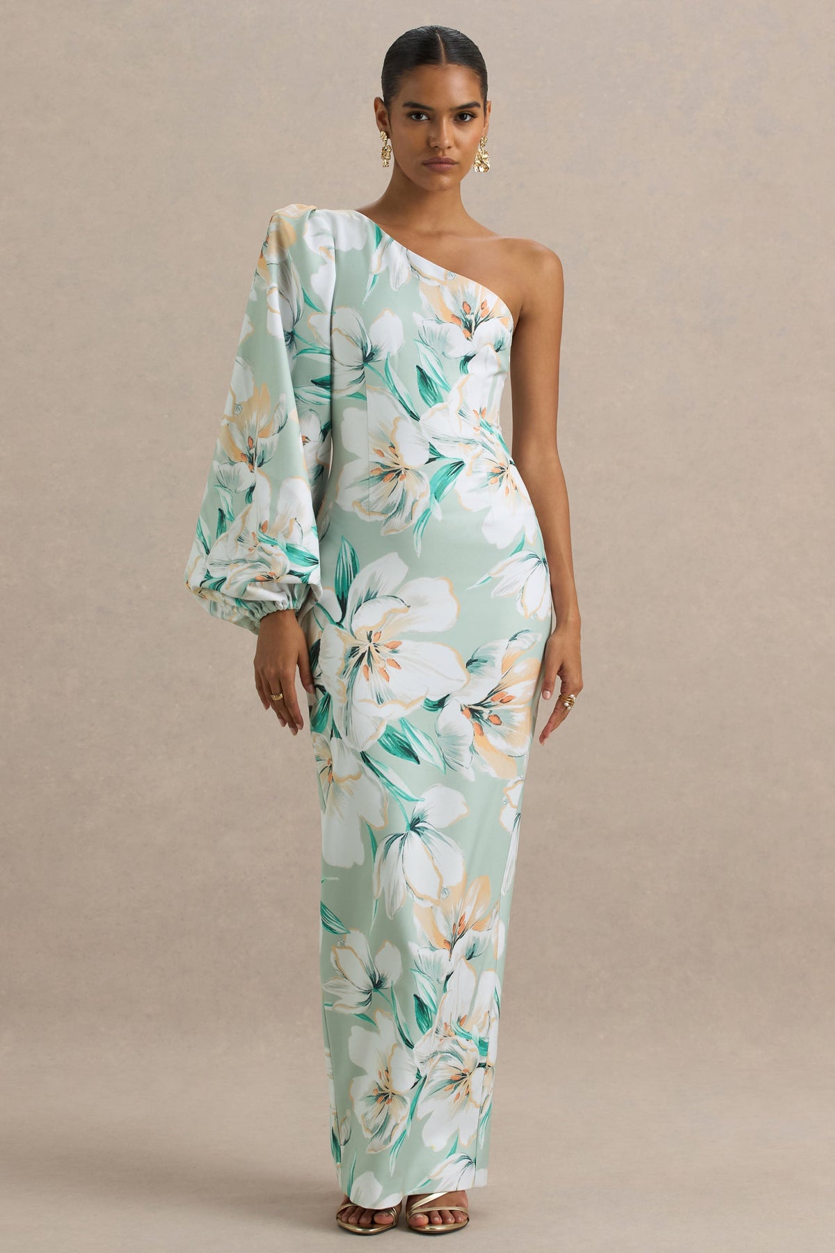 Kellis | Vestido largo Asimétrico con Manga Abullonada en Estampado Floral Verde