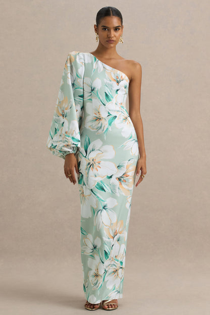 Kellis | Vestido largo Asimétrico con Manga Abullonada en Estampado Floral Verde