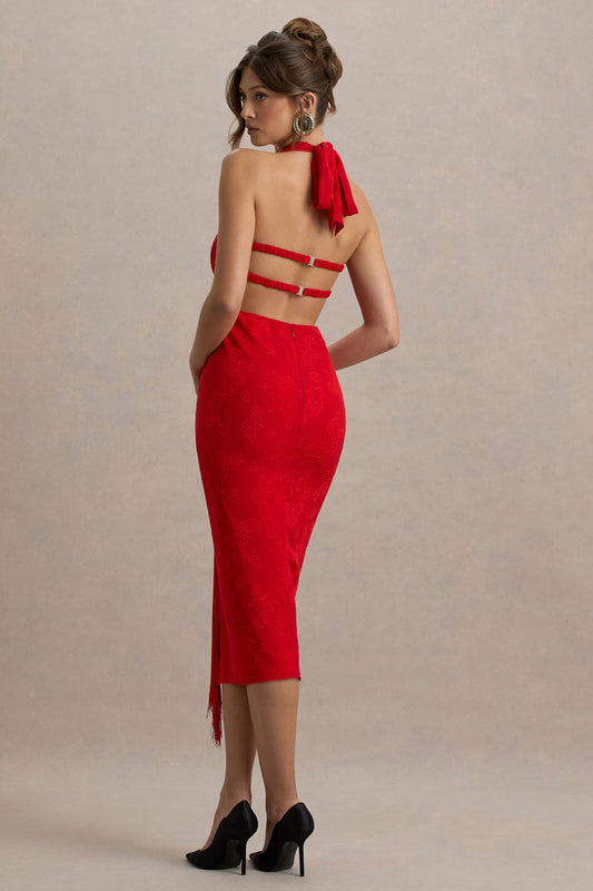 Auria | Vestido rojo midi con escote pronunciado y detalle de nudo con flecos