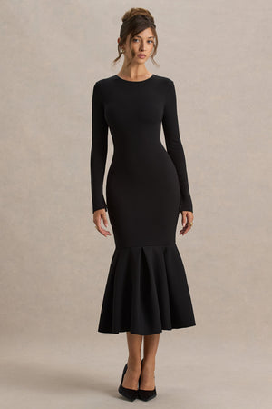 Liberty | Vestido midi negro con mangas largas y bajo con volante