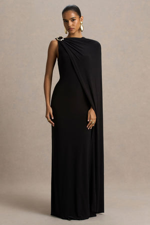 Cressida | Vestido Largo negro con escote asimétrico y manga tipo capa