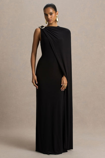 Cressida | Vestido Largo negro con escote asimétrico y manga tipo capa