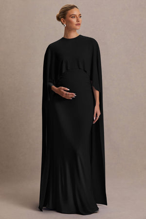 Padma | Vestido Largo Premamá Negro Drapeado con Mangas Capa