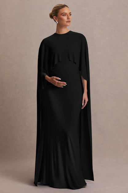 Padma | Vestido Largo Premamá Negro Drapeado con Mangas Capa