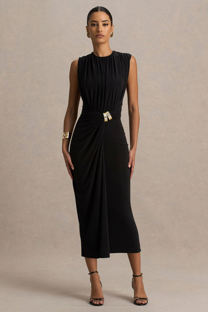 Harlow | Vestido midi negro con escote alto y falda cruzada