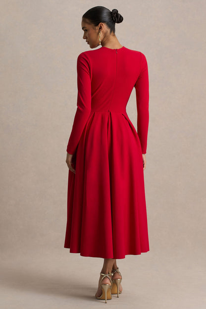 Bellamy | Vestido Midi Rojo con Escote Redondo y Mangas Largas
